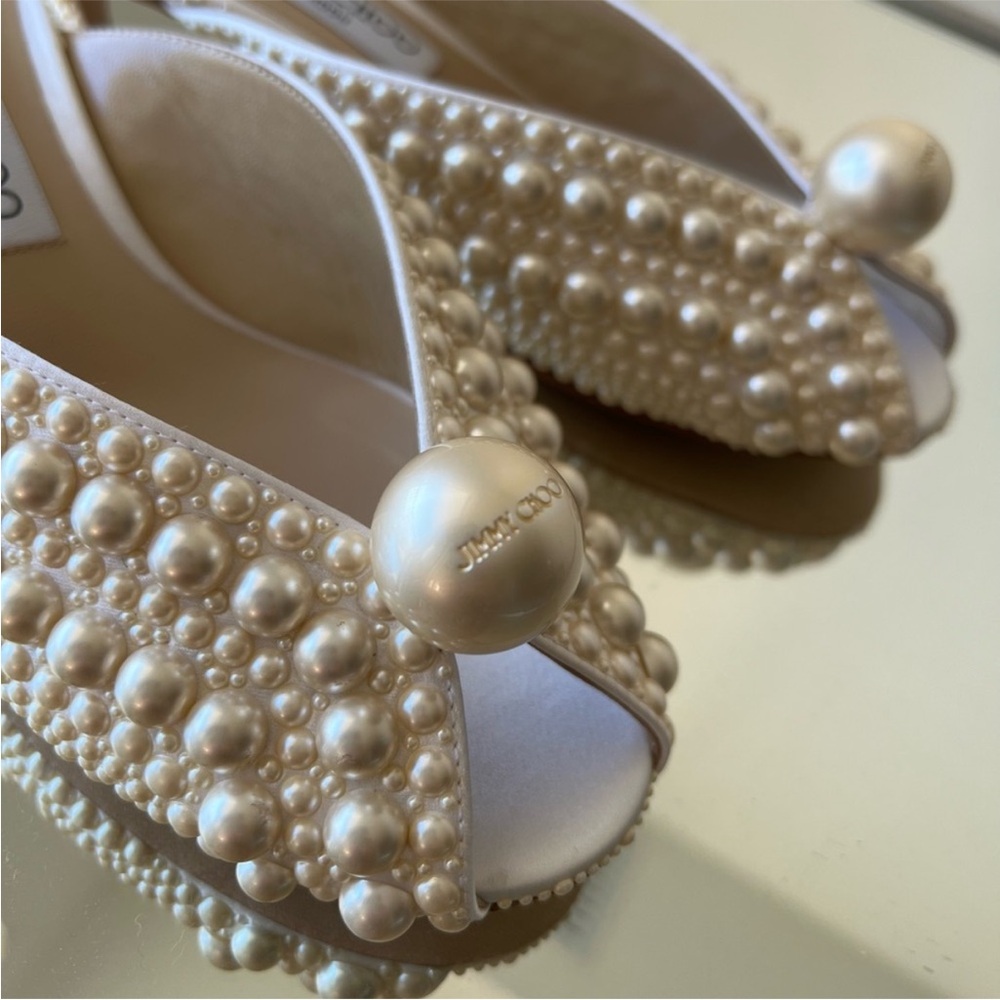 New JIMMY CHOO Samantha 35 White Satin Mules With All-Over Pearls 37 $1,895 - Picture 13 of 15